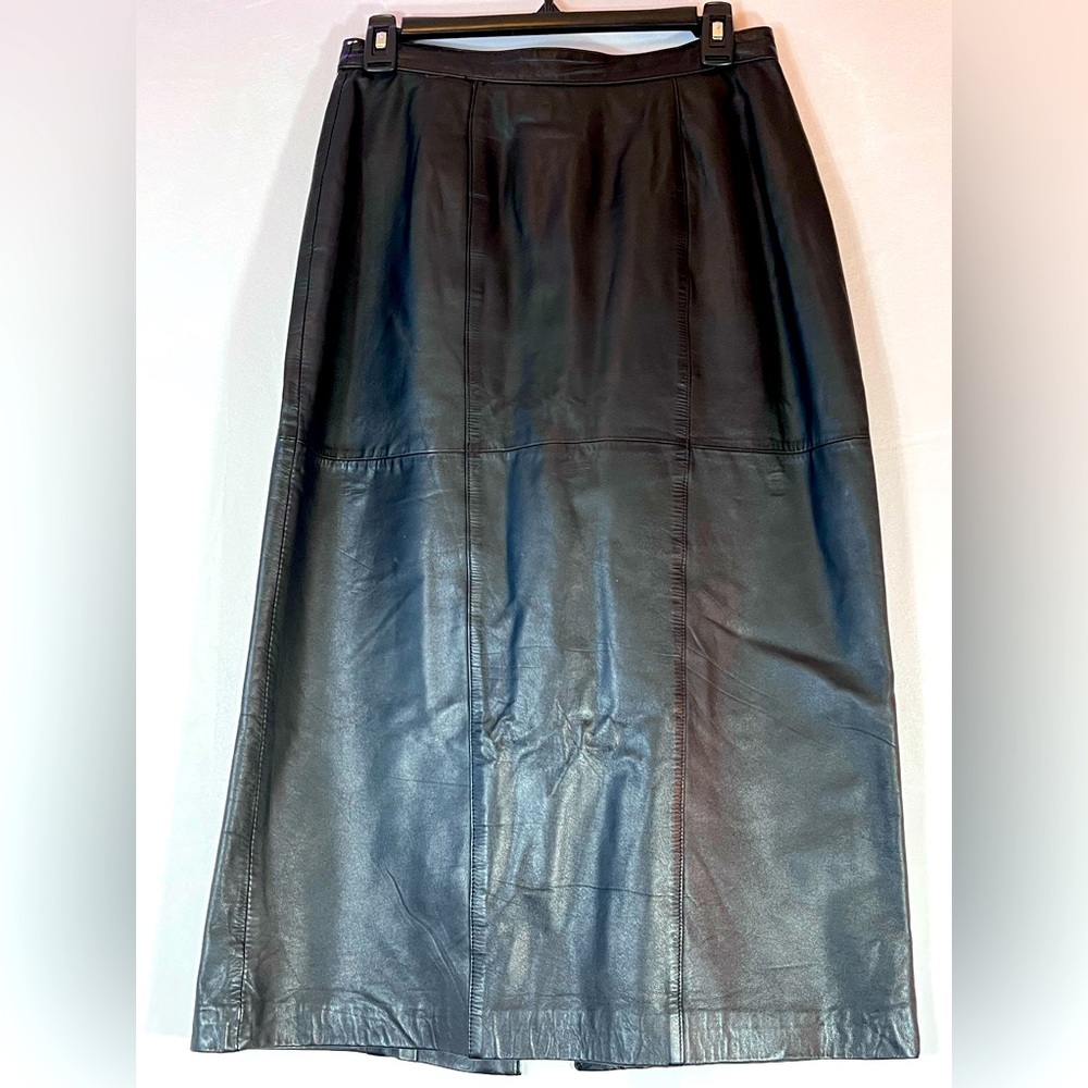 LORD & TAYLOR Black Vintage Leather Midi Women's Skirt Back Slit Size 10
